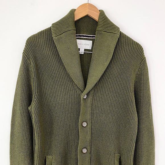 Sun + Stone Mens Shawl Collar Ribbed Cardigan Sweater Cotton Chunky Knit Size S - Picture 2 of 9